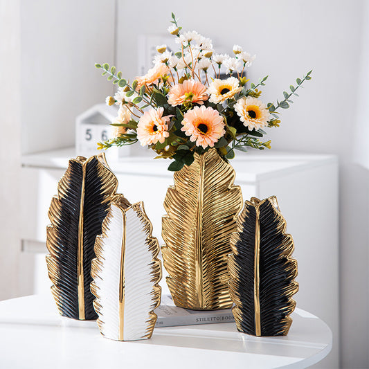 Gold Plated Leaves Ceramic Vase