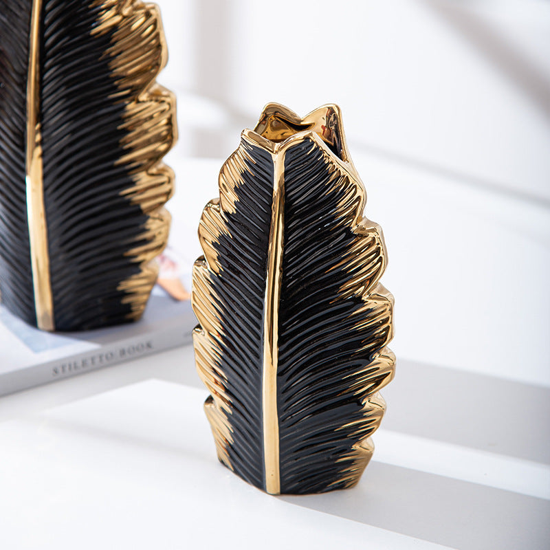 Gold Plated Leaves Ceramic Vase