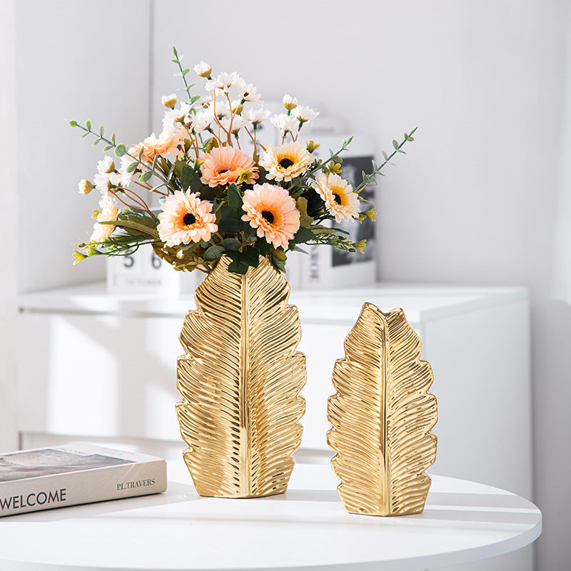 Gold Plated Leaves Ceramic Vase