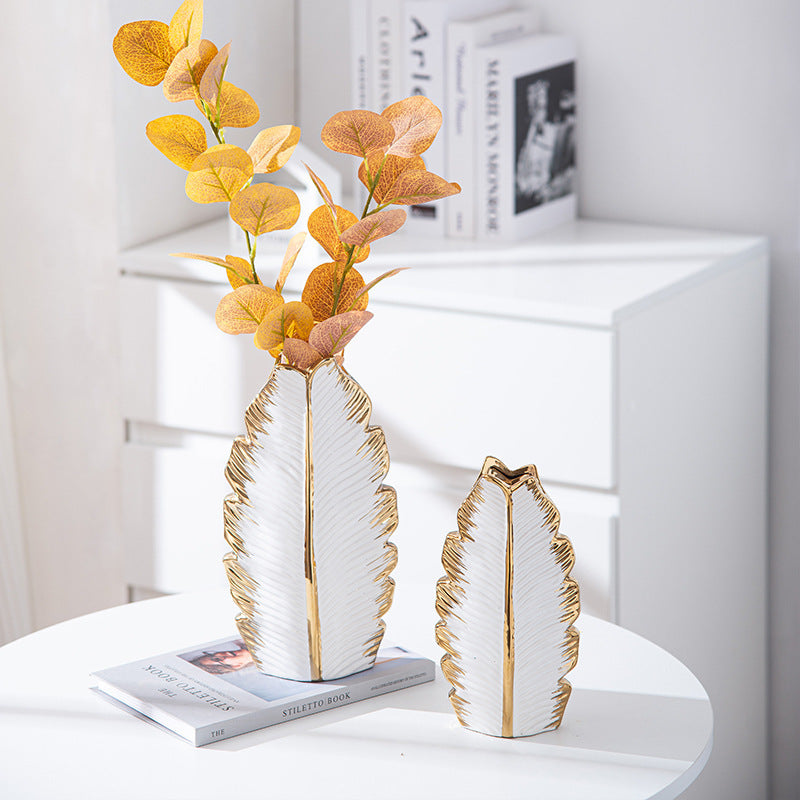 Gold Plated Leaves Ceramic Vase